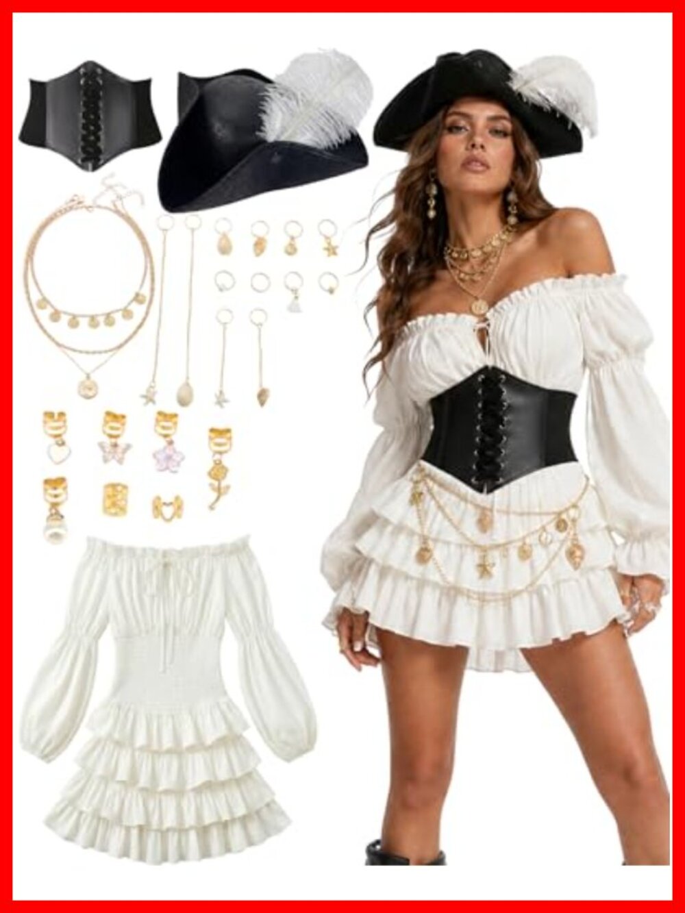 7 Pc Pirate Costume Set Renaissance Dress Corset Hat PU Leather Accessories